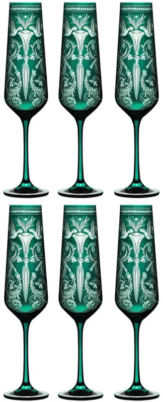 Top-Seller Casa Padrino Luxus Champagnerglas 6er Set Grün / Silber Ø 6,5 x H. 26,5 cm - Handgefertigte und handgravierte Champagnergläser - Hotel & Restaurant Accessoires - Luxus Qualität