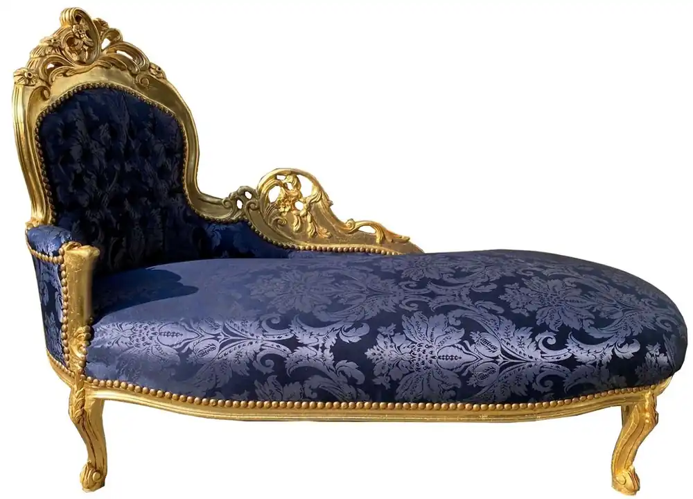 Casa Padrino Barock Chaiselongue Linke Seite Blau / Gold - Handgefertigte Massivholz Recamiere mit elegantem Muster - Barock Wohnzimmer Möbel Nur Für Kurze Zeit