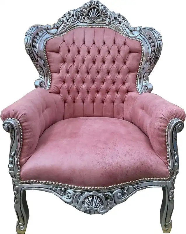 Must-Have Casa Padrino Barock Sessel Rosa / Silber - Handgefertigter Massivholz Wohnzimmer Sessel mit Kunstleder - Antik Stil Wohnzimmer Sessel - Barock Wohnzimmer Möbel