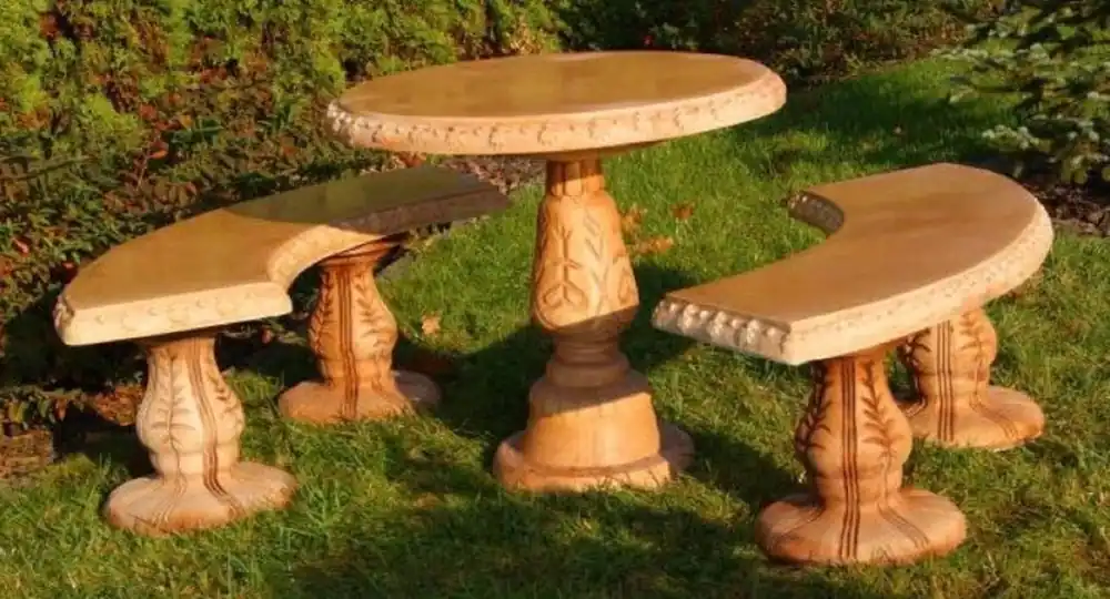 Solange Der Vorrat Reicht Casa Padrino Stein Gartenmöbel Set Beige - 1 Runder Gartentisch & 2 Gebogene Gartenbänke - Orientalische Garten & Terrassen Möbel