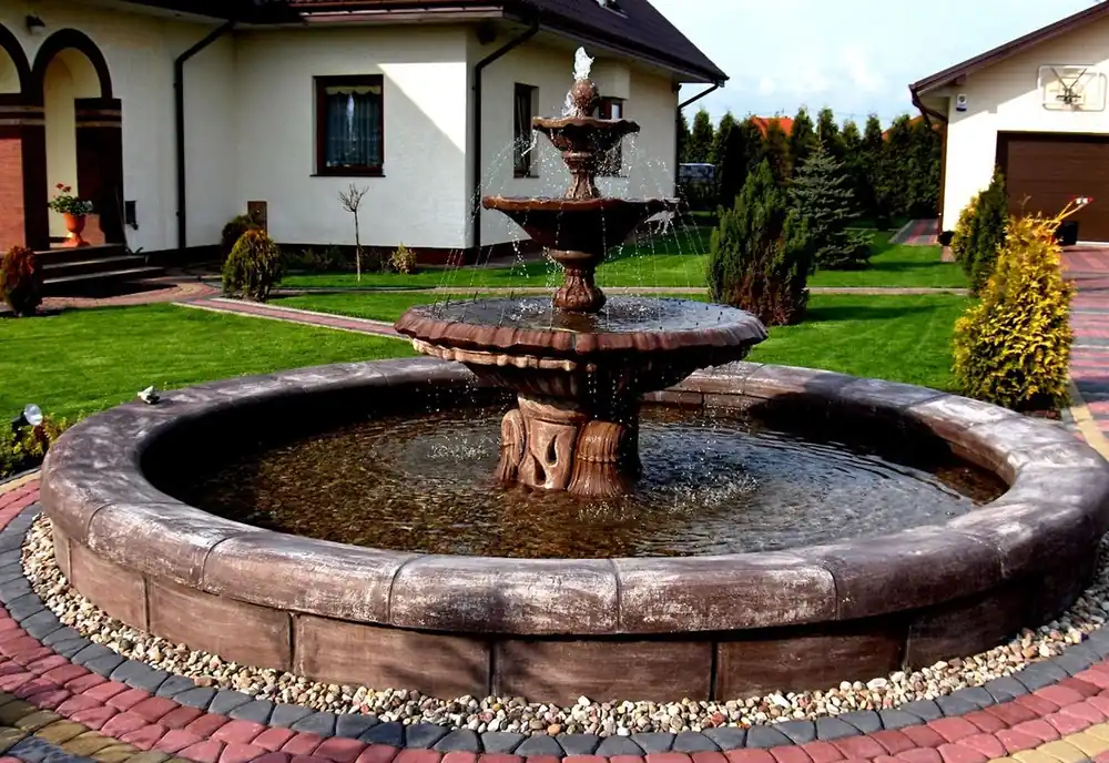 Casa Padrino Barock Garten Deko Springbrunnen Antik Braun Ø 465 x H. 180 cm - Prunkvoller Gartenbrunnen im Barockstil - Stein Brunnen mit Umrandung - Barock Garten & Terrassen Deko Accessoires Rabatt
