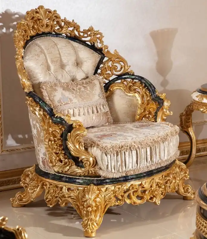 Must-Have Casa Padrino Luxus Barock Sessel Gold / Mehrfarbig / Blau / Gold - Prunkvoller Wohnzimmer Sessel mit elegantem Muster - Barock Wohnzimmer Möbel - Edel & Prunkvoll