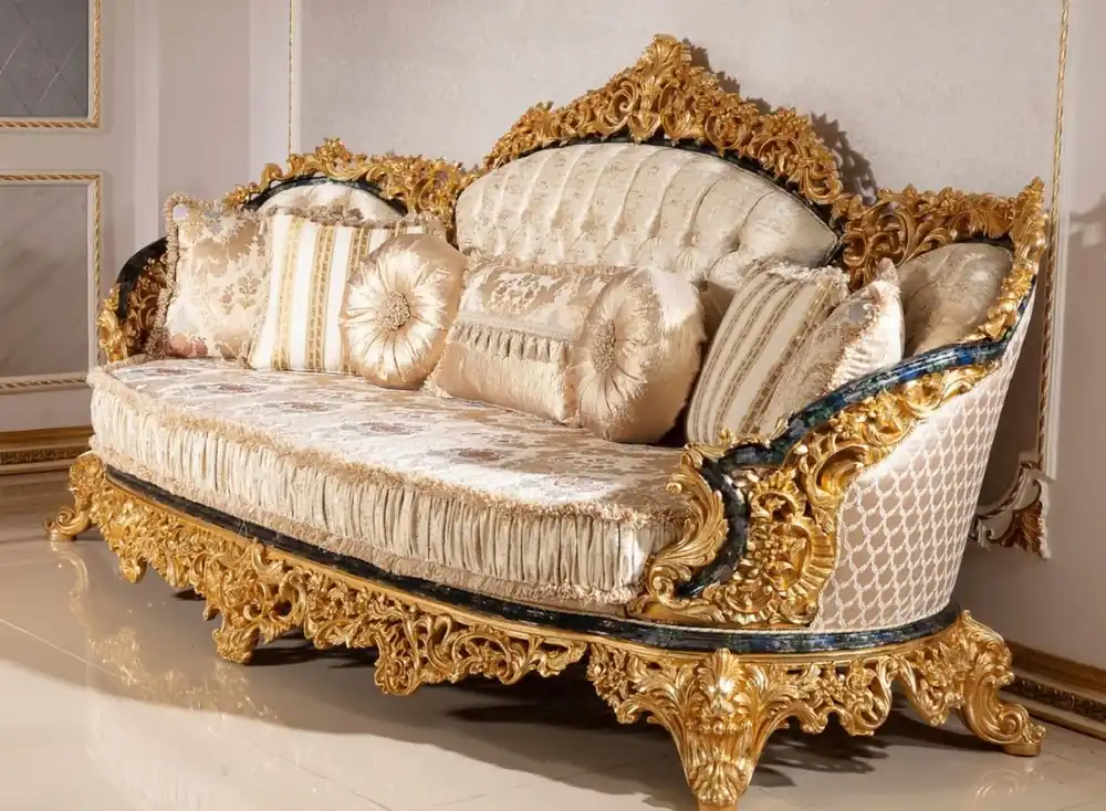 Casa Padrino Luxus Barock Sofa Gold / Mehrfarbig / Blau / Gold - Prunkvolles Wohnzimmer Sofa mit elegantem Muster - Barock Wohnzimmer Möbel - Edel & Prunkvoll Aktuell