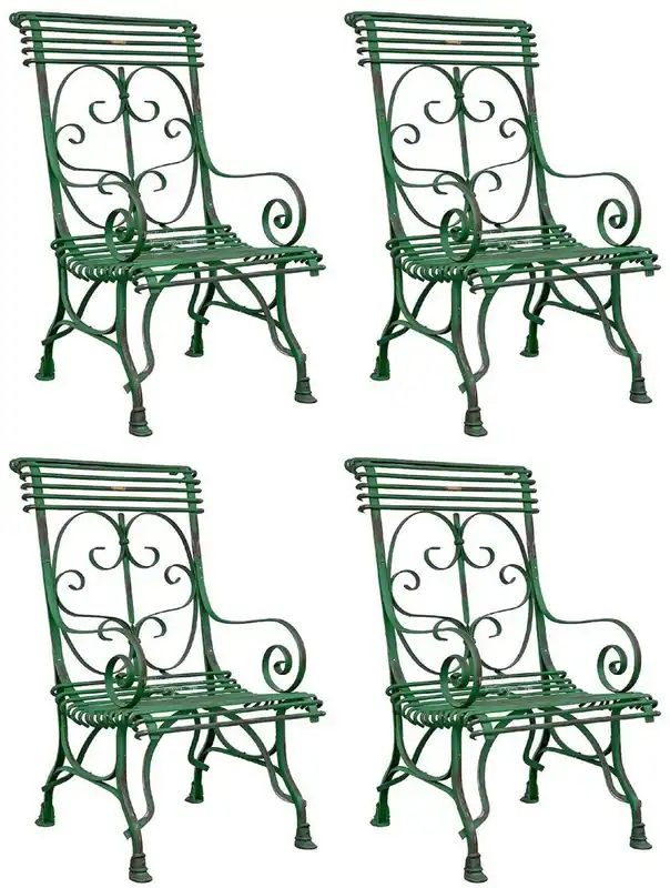 Casa Padrino Jugendstil Gartenstuhl 4er Set Antik Grün 64 x 66 x H. 114 cm - Handgefertigte Schmiedeeisen Stühle mit Armlehnen - Nostalgische Garten & Terrassen Möbel Expressversand