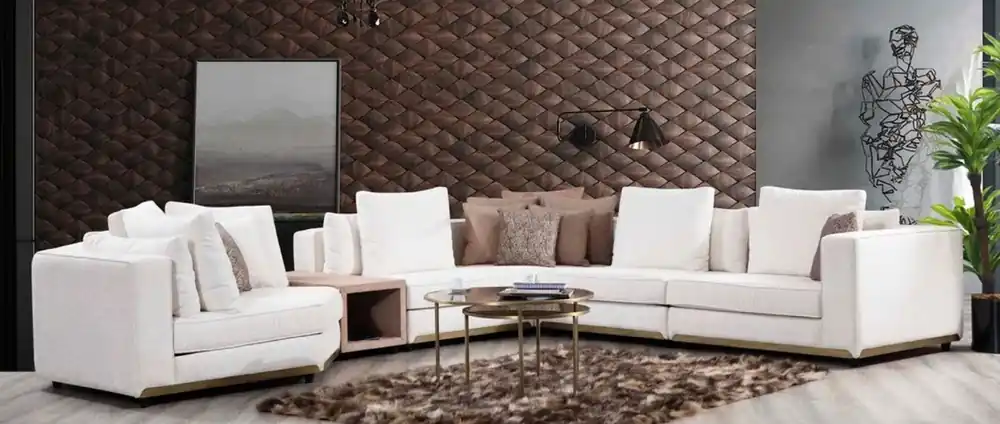 Bestseller Casa Padrino Luxus Ecksofa Weiß / Braun / Messingfarben 300 x 400 x H. 65 cm - Modernes Wohnzimmer Sofa - Moderne Wohnzimmer Möbel - Luxus Kollektion