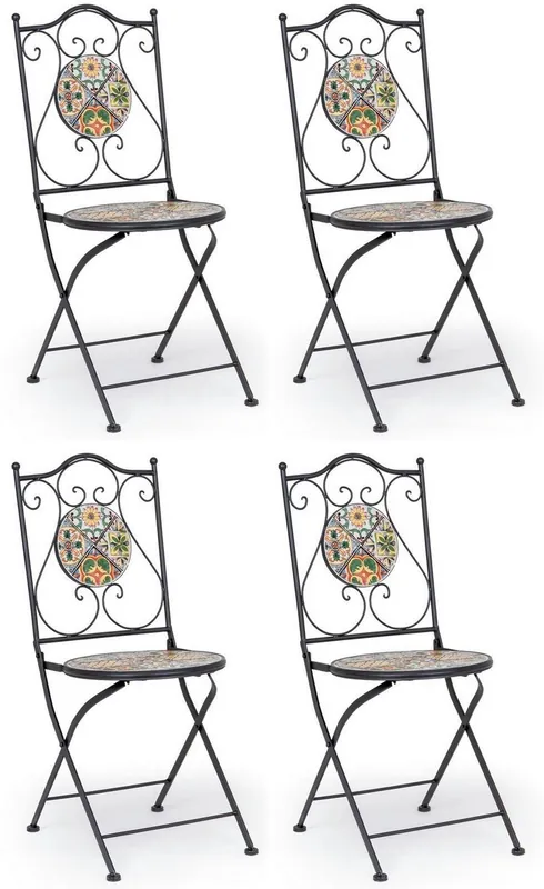 Casa Padrino Jugendstil Gartenstuhl 4er Set Schwarz / Mehrfarbig 39 x 47 x H. 92 cm - Klappbare Stühle mit Keramik Platten - Nostalgische Garten & Gastronomie Möbel Begrenztes Angebot