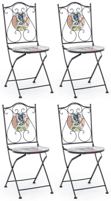 Billig Casa Padrino Jugendstil Gartenstuhl 4er Set Schwarz / Mehrfarbig 39 x 47 x H. 92 cm - Klappbare Stühle mit edlen Keramik Platten - Nostalgische Garten & Gastronomie Möbel
