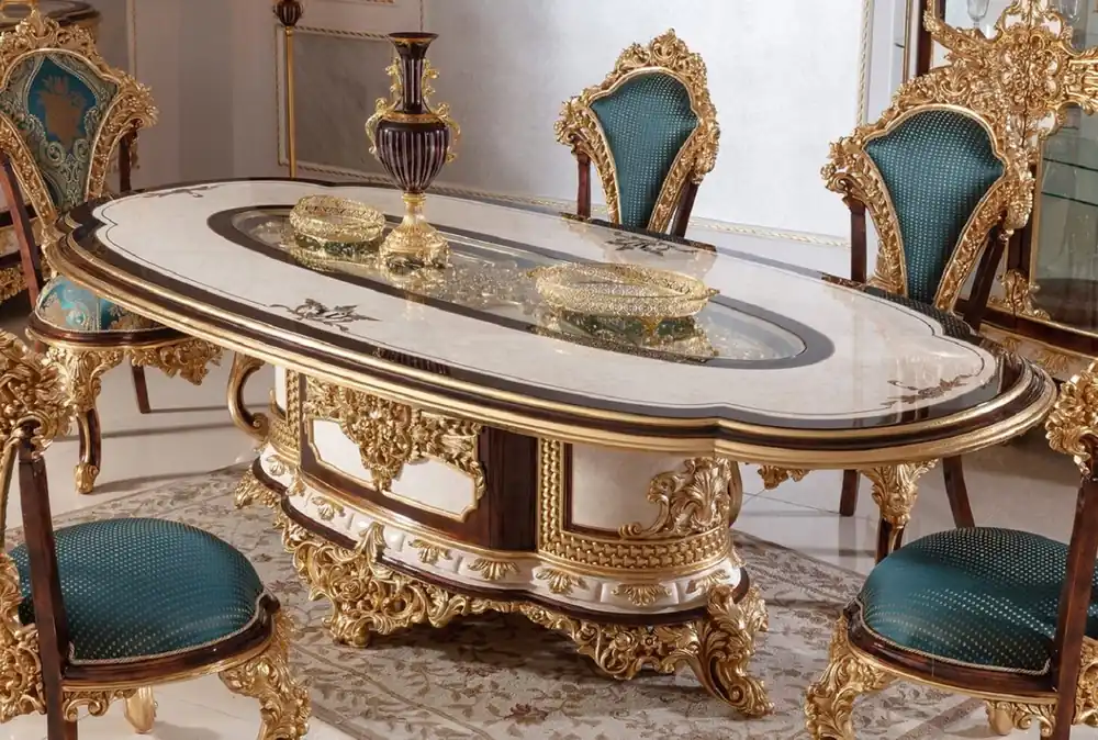 Casa Padrino Luxus Barock Esstisch Weiß / Braun / Gold - Prunkvoller Massivholz Esszimmertisch im Barockstil - Barock Esszimmer Möbel - Edel & Prunkvoll Zertifiziert