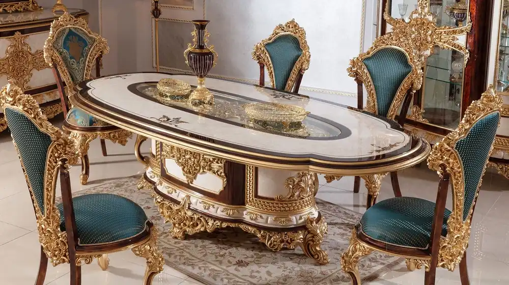 Casa Padrino Luxus Barock Esszimmer Set Weiß / Braun / Blau / Gold - 1 Barock Esstisch & 6 Barock Esszimmerstühle - Barock Esszimmer Möbel - Edel & Prunkvoll Preisreduziert
