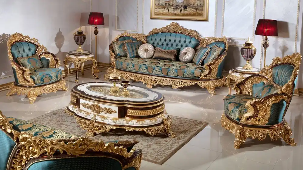 Finale Aktion Casa Padrino Luxus Barock Wohnzimmer Set Blau / Weiß / Braun / Gold - 2 Sofas & 2 Sessel & 1 Couchtisch & 2 Beistelltische - Handgefertigte Wohnzimmer Möbel im Barockstil - Edel & Prunkvoll