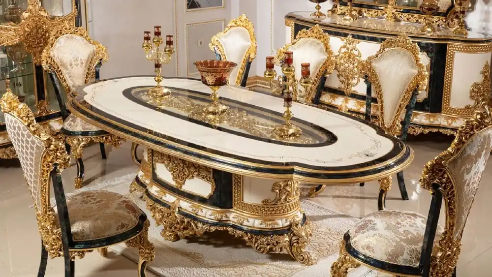 Jetzt Kaufen Casa Padrino Luxus Barock Esszimmer Set Weiß / Mehrfarbig / Blau / Gold - 1 Barock Esstisch & 6 Barock Esszimmerstühle - Barock Esszimmer Möbel - Edel & Prunkvoll