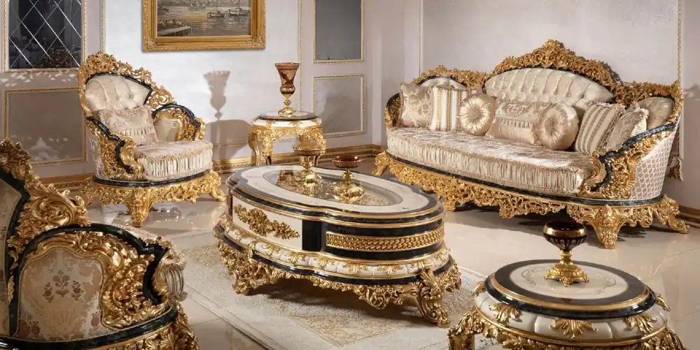 Casa Padrino Luxus Barock Wohnzimmer Set Gold / Weiß / Blau / Gold - 2 Sofas & 2 Sessel & 1 Couchtisch & 2 Beistelltische - Handgefertigte Wohnzimmer Möbel im Barockstil - Edel & Prunkvoll Rabatt