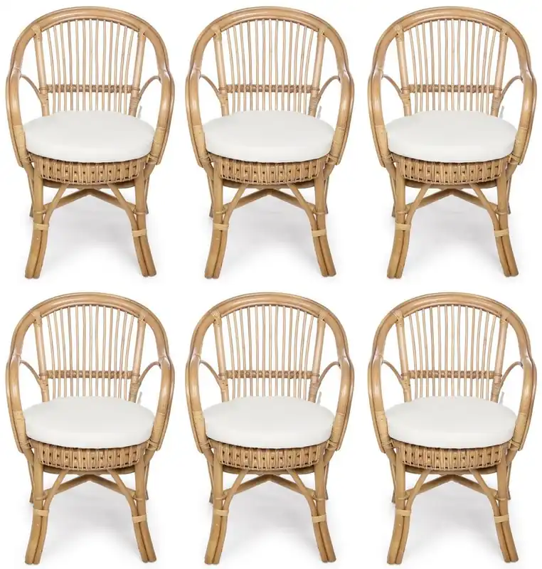 Casa Padrino Luxus Gartenstuhl 6er Set Naturfarben / Weiß 57 x 61 x H. 80 cm - Rattan Stühle mit Armlehnen und Sitzkissen - Moderne Rattan Garten & Terrassen Möbel Nur Für Kurze Zeit