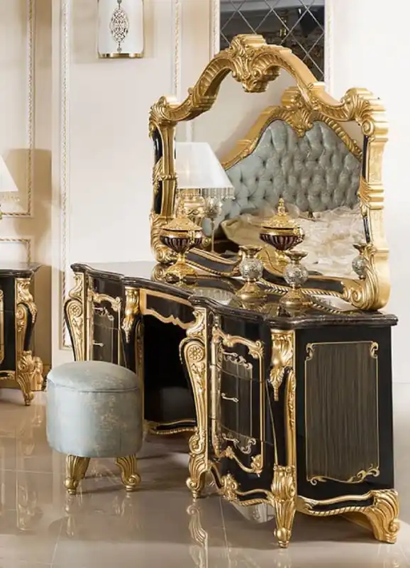 Casa Padrino Luxus Barock Schlafzimmer Set Schwarz / Gold / Hellblau - 1 Barock Schminkkommode & 1 Barock Spiegel & 1 Barock Hocker - Barock Schlafzimmer Möbel - Edel & Prunkvoll Meistverkauft