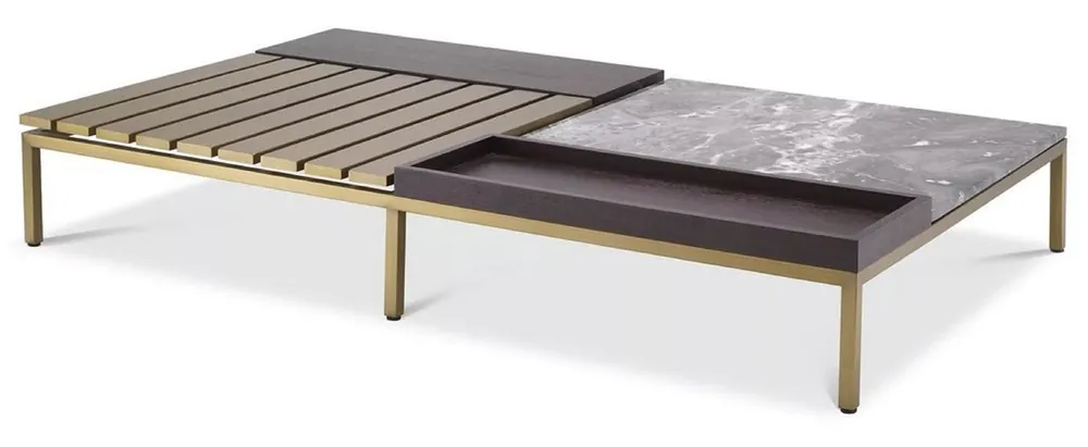 Top-Seller Casa Padrino Luxus Couchtisch Messingfarben / Grau / Braun 169,5 x 99,5 x H. 27 cm - Moderner Wohnzimmertisch - Luxus Wohnzimmer Möbel - Luxus Qualität