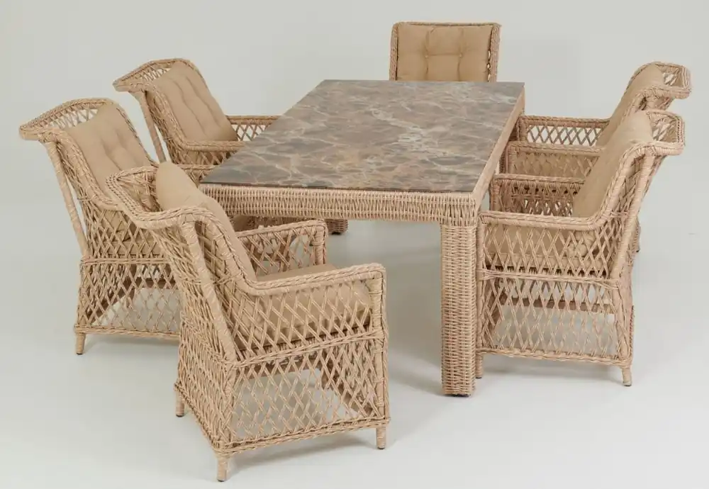 Neu Im Sortiment Casa Padrino Luxus Rattan Gartenmöbel Set Naturfarben / Beige / Braun - 1 Rattan Garten Esstisch mit Glasplatte in Marmoroptik & 6 Rattan Gartenstühle mit Armlehnen - Garten & Terrassen Möbel
