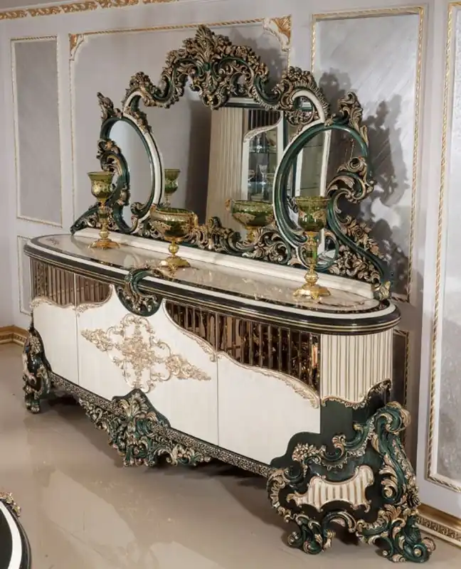 Casa Padrino Luxus Barock Möbel Set Weiß / Grün / Gold - 1 Barock Sideboard mit 4 Türen & 1 Barock Wandspiegel - Barock Möbel - Edel & Prunkvoll Versand Am Gleichen Tag