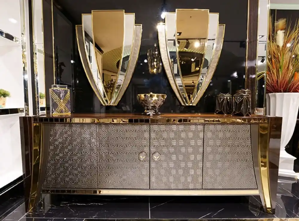 Casa Padrino Luxus Möbel Set Braun / Silber / Gold - 1 Luxus Sideboard mit 4 Türen & 2 Luxus Wandspiegel - Moderne Luxus Möbel Direkt Vom Hersteller