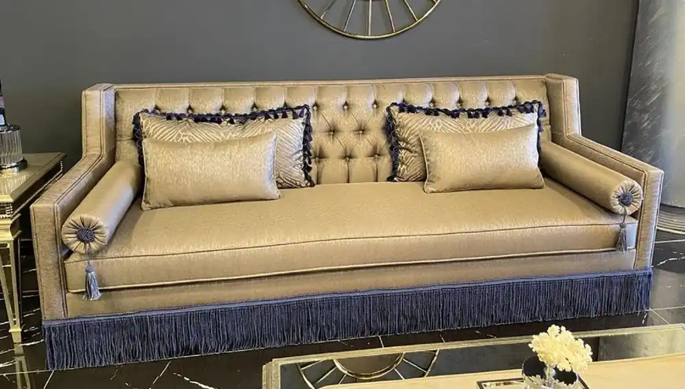 Zertifiziert Casa Padrino Luxus Art Deco Chesterfield Sofa Gold / Lila - Handgefertigtes Massivholz Wohnzimmer Sofa - Luxus Art Deco Chesterfield Wohnzimmer Möbel