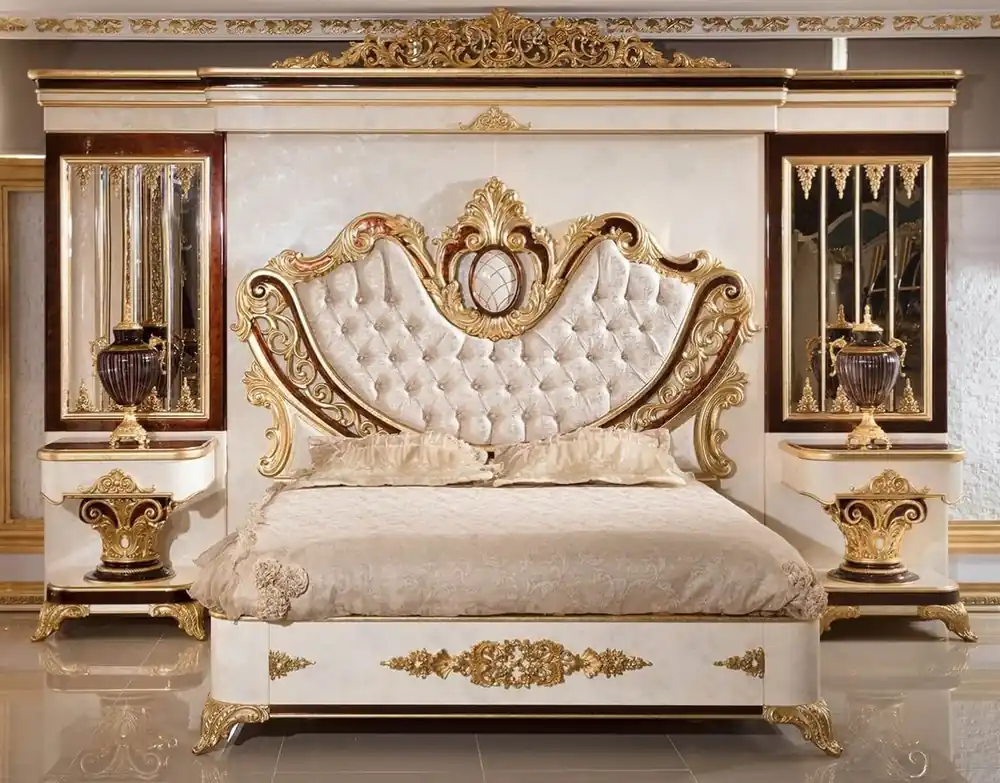Casa Padrino Luxus Barock Schlafzimmer Set Gold / Weiß / Braun / Gold - 1 Doppelbett mit Kopfteil & 2 Nachtkommoden - Schlafzimmer Möbel im Barockstil - Edel & Prunkvoll Rabatt