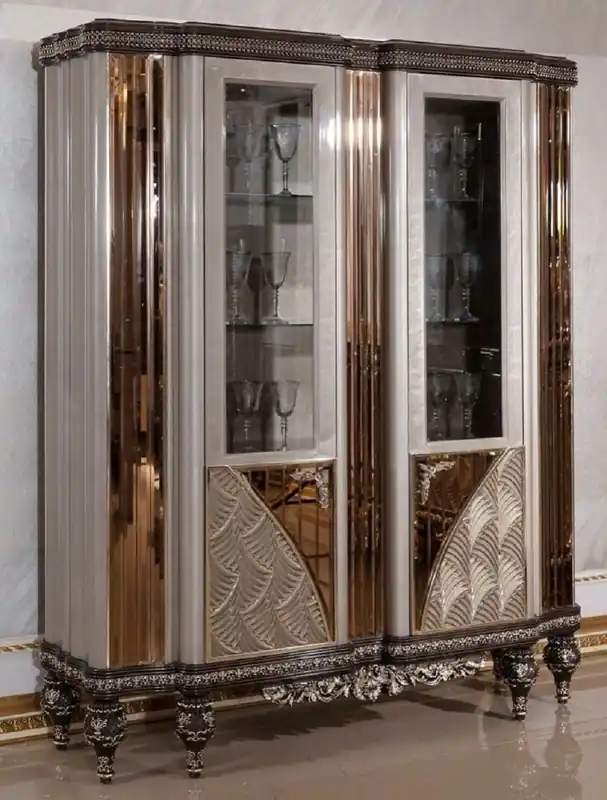 Casa Padrino Luxus Barock Vitrine Grau / Schwarz / Silber / Gold - Prunkvoller Massivholz Vitrinenschrank mit 2 Glastüren - Barock Möbel - Edel & Prunkvoll Zertifiziert
