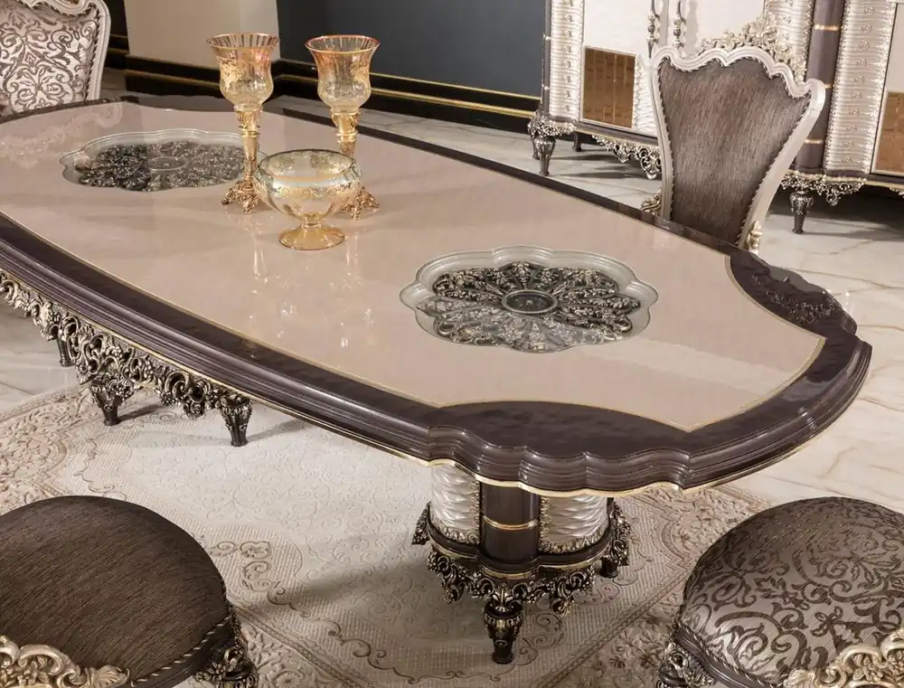 Casa Padrino Luxus Barock Esstisch Grau / Braun / Gold - Prunkvoller Massivholz Esszimmertisch im Barockstil - Barock Esszimmer Möbel - Edel & Prunkvoll Preisknaller