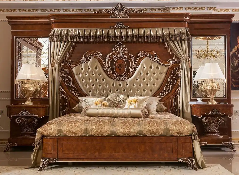 Expressversand Casa Padrino Luxus Barock Schlafzimmer Set Gold / Braun / Bronzefarben - 1 Doppelbett mit Kopfteil und Rückwand & 2 Nachtkommoden - Schlafzimmer Möbel im Barockstil - Edel & Prunkvoll