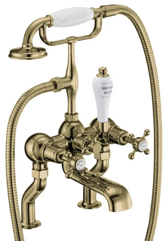 Jetzt Kaufen Casa Padrino Luxus Jugendstil Badewannenarmatur Gold / Weiß H. 50,3 cm - Nostalgische Messing Badewannen Armatur mit Handbrause - Nostalgisches Badezimmer Zubehör