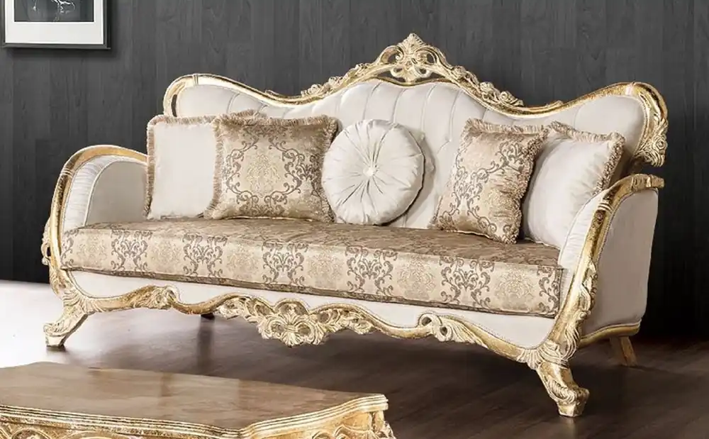 Abverkauf Casa Padrino Luxus Barock Sofa Weiß / Mehrfarbig / Antik Gold - Prunkvolles Wohnzimmer Sofa mit elegantem Muster - Barock Wohnzimmer Möbel - Edel & Prunkvoll