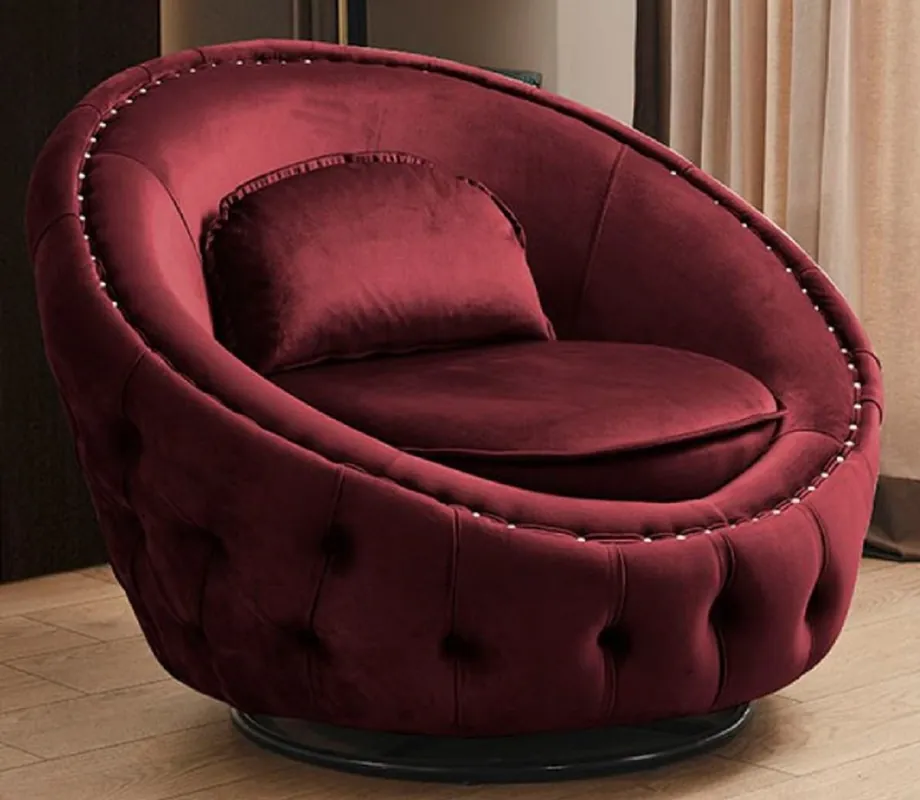 Casa Padrino Luxus Chesterfield Drehsessel Bordeauxrot Ø 90 cm - Moderner Chesterfield Wohnzimmer Sessel - Luxus Chesterfield Wohnzimmer Möbel Neue Kollektion