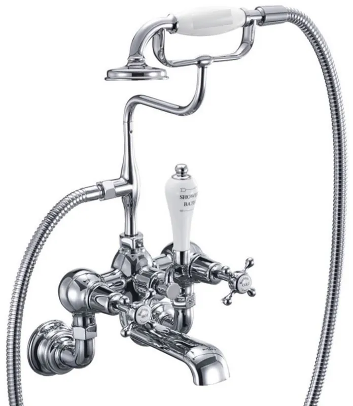 Günstig Casa Padrino Luxus Jugendstil Aufputz Badewannenarmatur Silber / Weiß H. 46,95 cm - Nostalgische Messing Badewannen Armatur mit Handbrause - Nostalgisches Badezimmer Zubehör