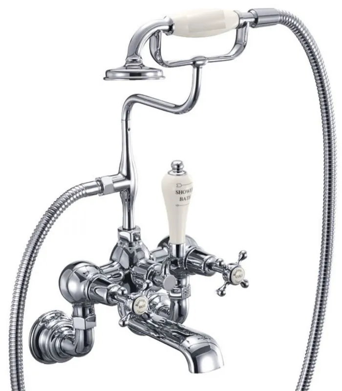 Casa Padrino Luxus Jugendstil Aufputz Badewannenarmatur Silber / Cremefarben H. 46,95 cm - Nostalgische Messing Badewannen Armatur mit Handbrause - Nostalgisches Badezimmer Zubehör Schneller Versand