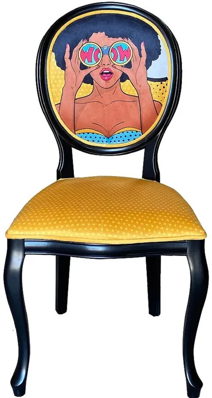 Casa Padrino Barock Designer Esszimmer Stuhl Gelb / Mehrfarbig / Schwarz - Handgefertigter Antik Stil Stuhl Möbel Must-Have