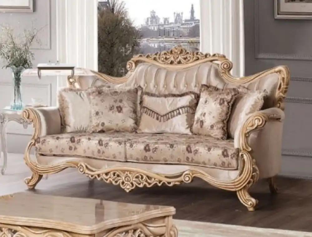 Casa Padrino Luxus Barock Sofa Beige / Braun / Naturfarben - Prunkvolles Wohnzimmer Sofa mit elegantem Muster - Barock Möbel - Edel & Prunkvoll Preiswert