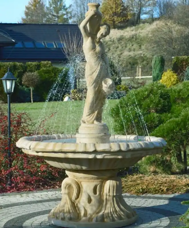 Nur Heute Casa Padrino Jugendstil Springbrunnen Sandfarben Ø 155 x H. 228 cm - Prunkvoller Gartenbrunnen - Gartendeko Brunnen - Barock & Jugendstil Garten Deko Accessoires