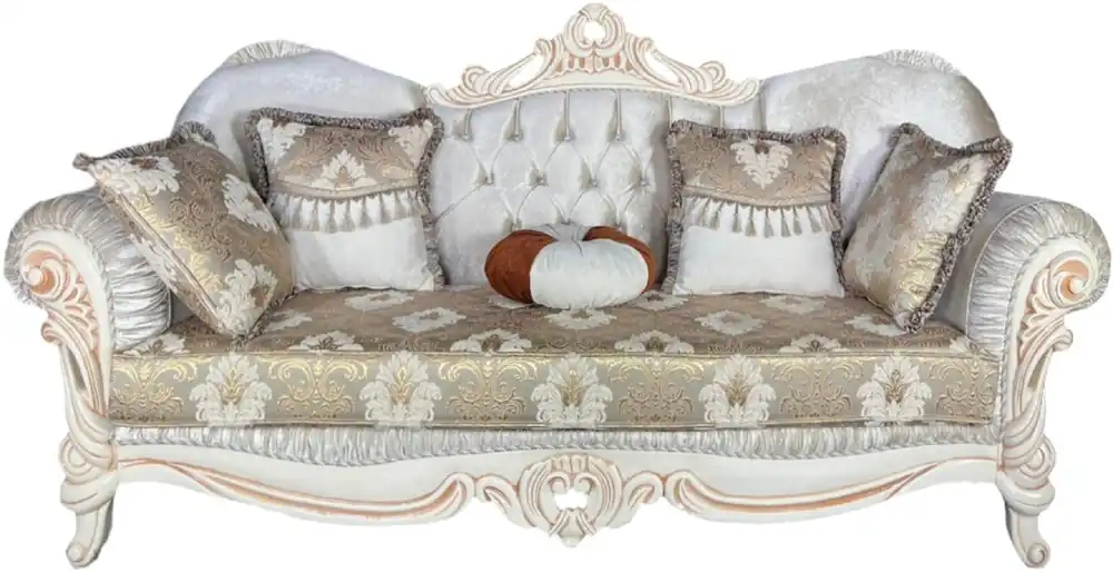 Casa Padrino Luxus Barock Sofa Weiß / Mehrfarbig / Weiß / Beige - Prunkvolles Wohnzimmer Sofa mit elegantem Muster - Barock Wohnzimmer Möbel - Edel & Prunkvoll Aktuell