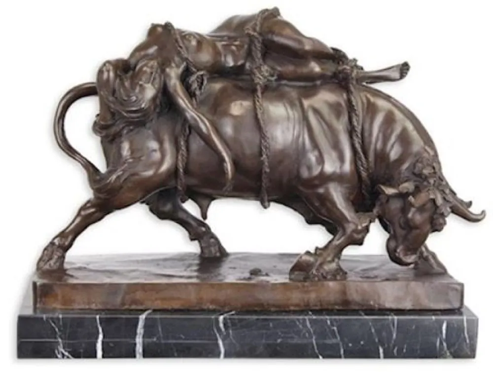 Solange Der Vorrat Reicht Casa Padrino Luxus Bronze Skulptur Stier und Frau Bronze / Schwarz H. 31 cm - Bronze Deko Figur mit Marmorsockel - Bronze Tierfigur - Luxus Deko Accessoires