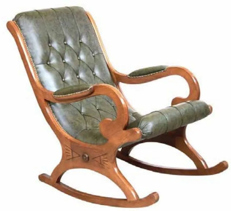 Casa Padrino Luxus Jugendstil Leder Schaukelsessel Grün / Braun - Handgefertigter Echtleder Schaukelstuhl mit Armlehnen - Barock & Jugendstil Leder Wohnzimmer & Büro Möbel - Made in Italy Kracherpreis