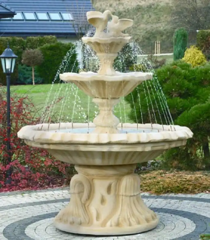 Casa Padrino Jugendstil Springbrunnen mit Tauben Sandfarben Ø 155 x H. 182 cm - Prunkvoller Gartenbrunnen - Gartendeko Brunnen - Barock & Jugendstil Garten Deko Accessoires Neue Kollektion