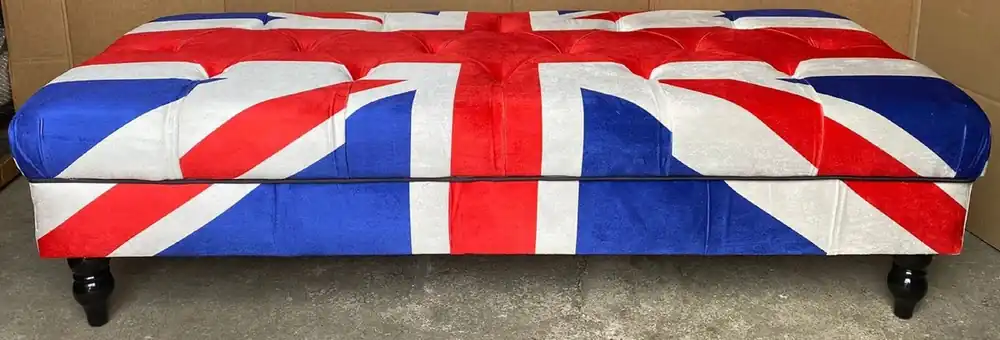 Geprüft Casa Padrino Chesterfield Sitzbank mit England UK Flagge 160 x 65 x H. 43 cm - Chesterfield Wohnzimmer Bank - Chesterfield Wohnzimmer Möbel