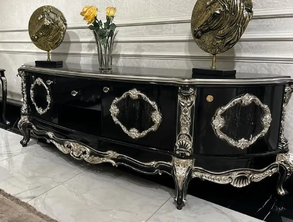 Must-Have Casa Padrino Luxus Barock Sideboard Schwarz / Silber - Prunkvoller Massivholz Schrank mit 4 Türen und Schublade - Barock Möbel - Edel & Prunkvoll