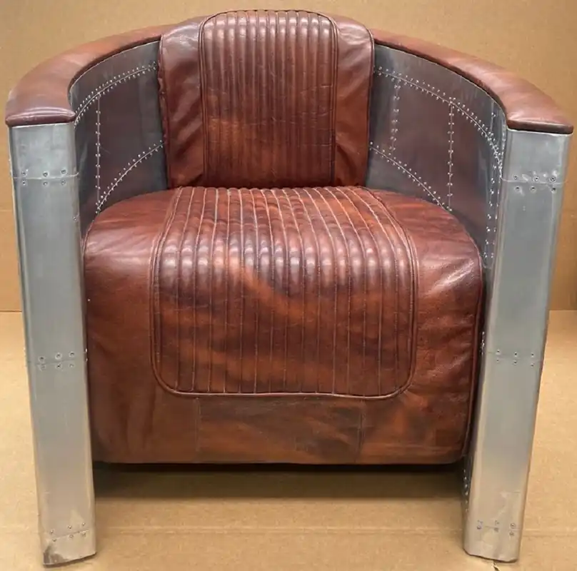 Casa Padrino Luxus Art Deco Leder Sessel Vintage Braun / Silber - Aluminium Wohnzimmer Sessel mit hochwertigem Echtleder - Lounge Sessel - Flugzeug Flieger Echtleder Möbel Nur Für Kurze Zeit
