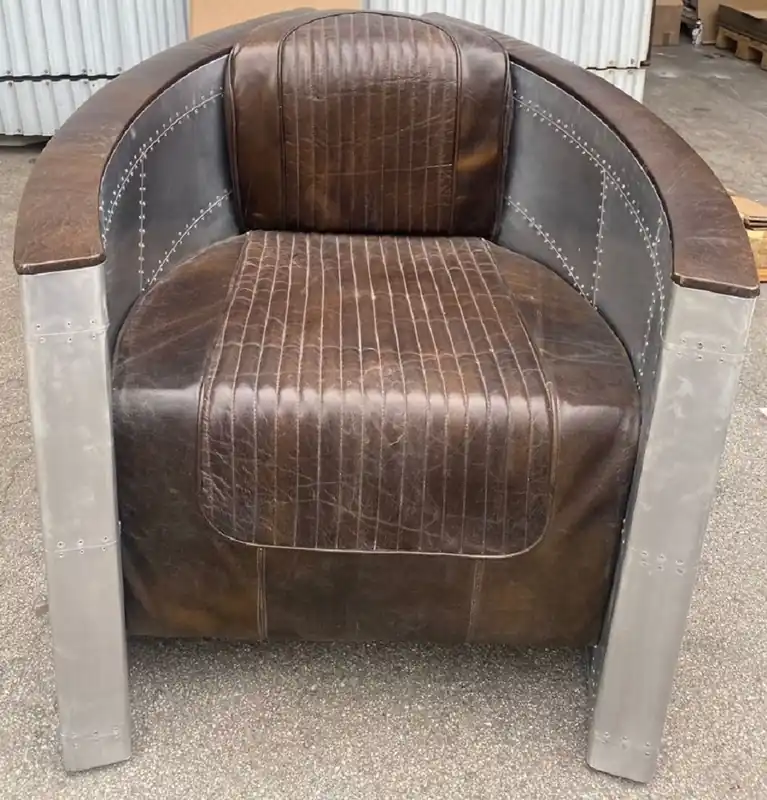 Nur Für Kurze Zeit Casa Padrino Luxus Art Deco Leder Sessel Vintage Dunkelbraun / Silber - Aluminium Wohnzimmer Sessel mit hochwertigem Echtleder - Lounge Sessel - Flugzeug Flieger Echtleder Möbel