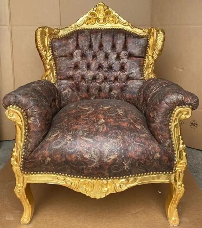Must-Have Casa Padrino Barock Sessel Mehrfarbig / Gold - Handgefertigter Massivholz Wohnzimmer Sessel mit Kunstleder - Antik Stil Wohnzimmer Sessel - Barock Wohnzimmer Möbel