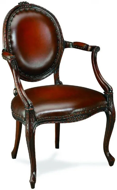 Casa Padrino Luxus Barock Leder Esszimmer Stuhl mit Armlehnen Rotbraun / Braun 61 x 61 x H. 95 cm - Küchenstuhl mit Echtleder - Esszimmer Möbel - Leder Möbel - Barock Möbel - Barock Interior Sonderangebot
