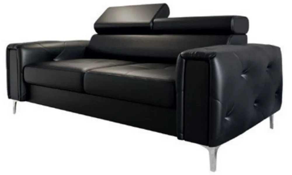 Casa Padrino Luxus Leder Sofa Schwarz / Silber 185 x 97 x H. 78-99 cm - Naturleder Wohnzimmer Sofa mit verstellbaren Kopfstützen - Wohnzimmer Möbel - Leder Möbel - Luxus Möbel Billig