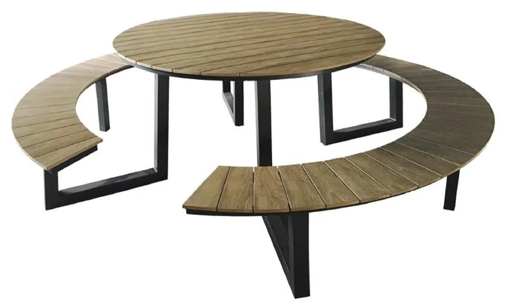 Casa Padrino Luxus Gartentisch mit integrierten Sitzbänken Braun / Anthrazit Ø 239 x H. 74 cm - Picknick Möbel - Garten Möbel - Terrassen Möbel - Gastronomie Möbel - Outdoor Möbel - Luxus Möbel Bestseller
