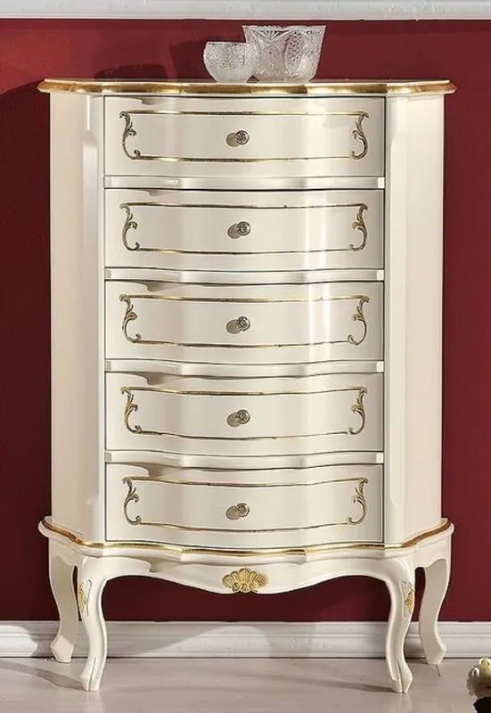 Garantierte Lieferung Casa Padrino Luxus Barock Kommode Creme / Gold - Handgefertigte Barockstil Massivholz Kommode mit 5 Schubladen - Handgefertigte italienische Barock Möbel - Luxus Qualität - Made in Italy