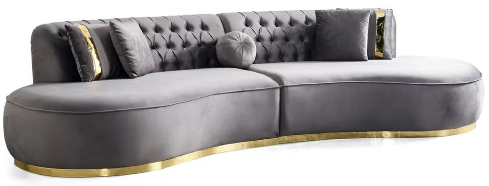 Casa Padrino Luxus Samt 4er Sofa Grau / Gold 330 x 120 x H. 76 cm - Wohnzimmer Sofa mit edlem Samtstoff - Wohnzimmer Möbel - Luxus Möbel - Wohnzimmer Einrichtung - Luxus Einrichtung Mega-Angebot