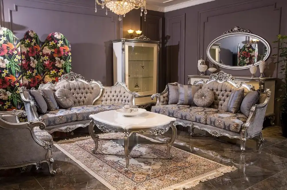Direkt Vom Hersteller Casa Padrino Luxus Barock Wohnzimmer Set Grau / Blau / Silber - 2 Barock Sofas & 2 Barock Sessel & 1 Barock Couchtisch - Wohnzimmer Möbel im Barockstil - Barock Möbel - Barock Einrichtung